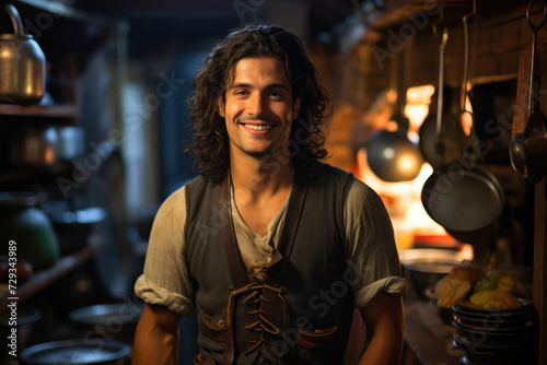  Portrait of a Hispanic male pirate, 33 years old, in the galley, with a warm smile as he cooks, vintage ambiance