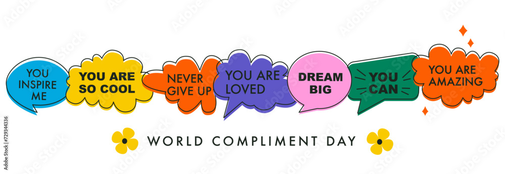 A set of bright speech bubbles with compliment phrases, self love quotes. Banner, poster, sticker concept. Modern elements for design. Vector illustration on white. World Compliment Day - obrazy, fototapety, plakaty 