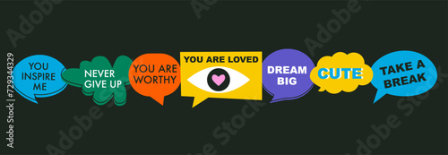 A set of bright speech bubbles with compliment phrases, self love quotes. Cartoon icons. Banner, poster, sticker concept. Modern elements for design. Vector illustration on black. Groovy style