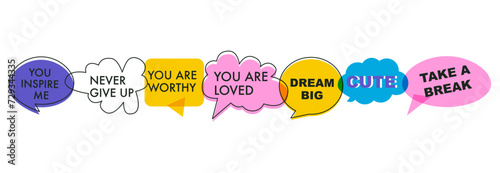 A set of bright speech bubbles with compliment phrases, self love quotes. Banner, poster, sticker concept. Modern risographic style elements for design. Vector overlay illustration on white