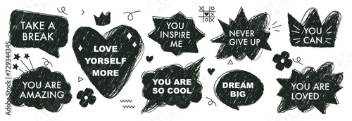 A set of hand drawn speech bubbles with compliment phrases, self love quotes. Banner, poster, sticker concept. Modern elements for design. Vector illustration on white. Scribble style
