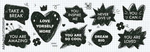 A set of hand drawn speech bubbles with compliment phrases, self love quotes. Banner, poster, sticker concept. Modern elements for design. Vector illustration in a check notebook. Scribble style