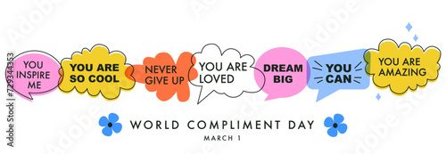 A set of bright speech bubbles with compliment phrases, self love quotes. Banner, poster, sticker concept. Modern elements for design. Vector illustration on white. World Compliment Day photo