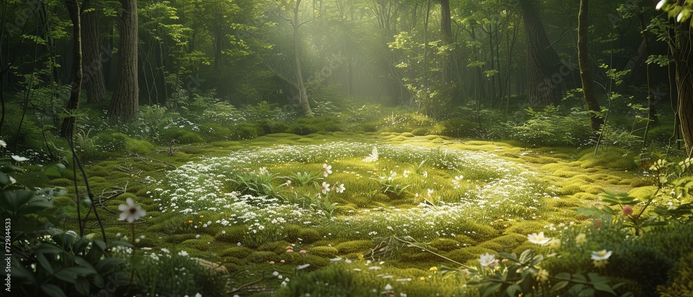 An enchanted forest floor, with a fairy ring of wildflowers and moss. 