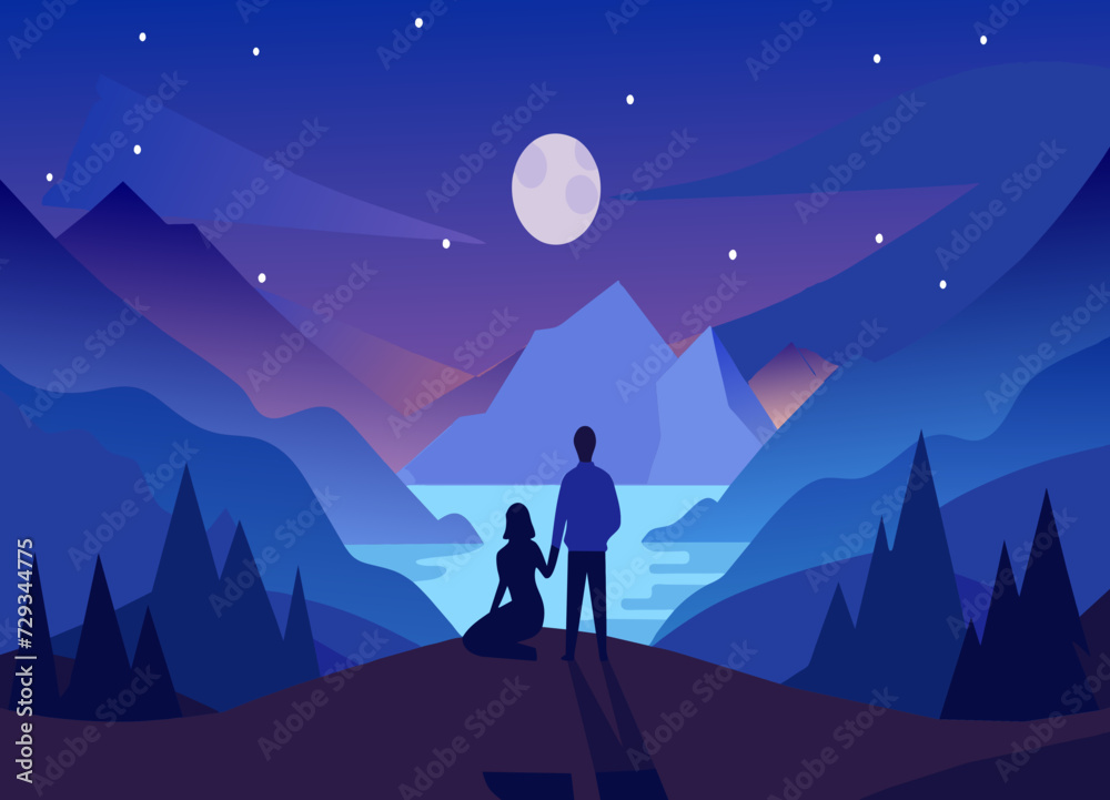 Fototapeta premium A couple's silhouettes stargazing in a remote location. vektor illustation