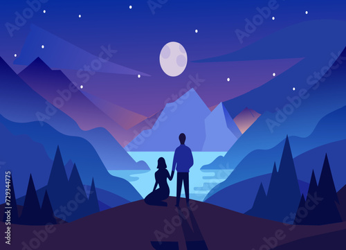 A couple's silhouettes stargazing in a remote location. vektor illustation