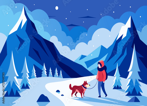 A romantic dog sledding adventure in a snowy wilderness. vektor illustation