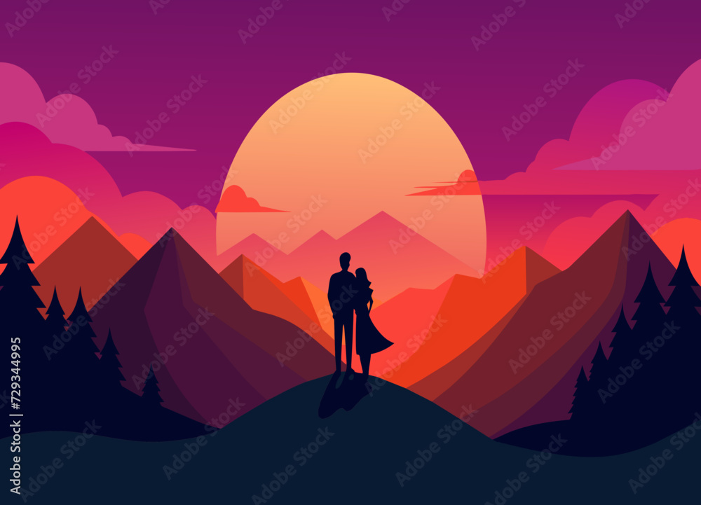A sunset view from a mountaintop with a couple embracing. vektor illustation