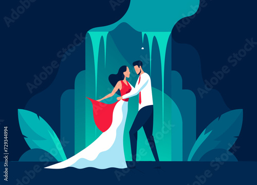 A couple dancing under a cascading waterfall. vektor illustation