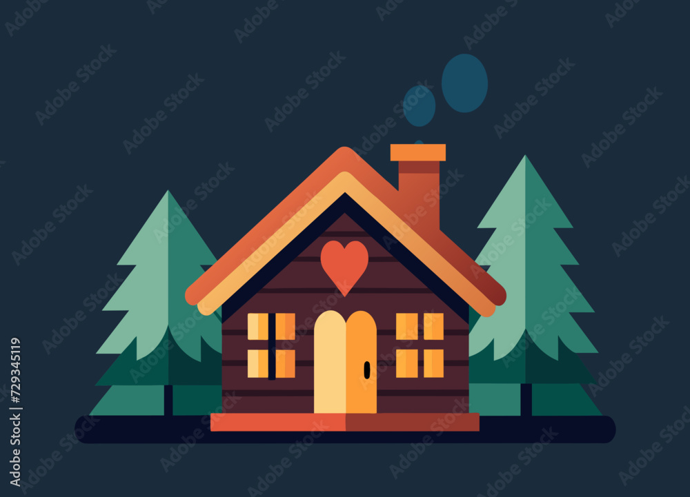 Naklejka premium A cozy cabin with a heart-shaped stone fireplace. vektor illustation
