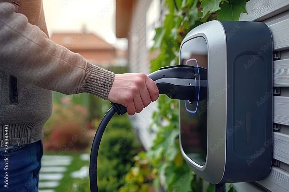 Embracing Green Technology A Person’s Hand Plugging In an Electric Vehicle Charger to a Sleek, Wall-Mounted Charging Station at Home Amidst Lush Greenery Embracing Green Technology A Person’s Hand Plugging In an Electric Vehicle Charger to a Sleek, Wall-Mounted Charging Station at Home Amidst Lush Greenery
