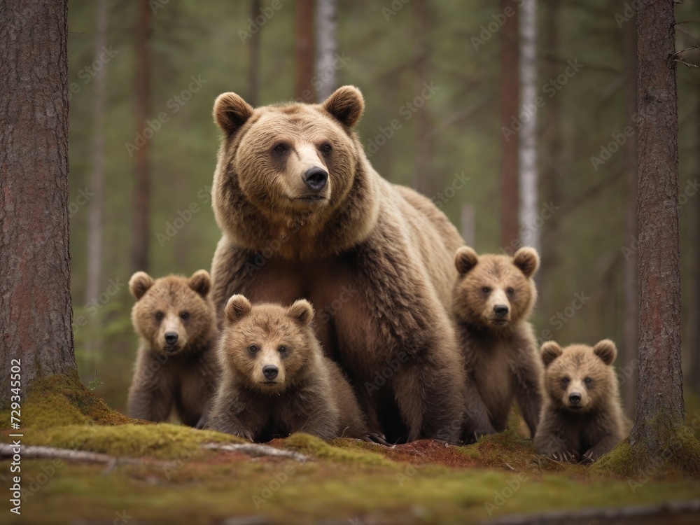 Obraz premium Female eurasian brown bear and her cubs in boreal forest. Generated with AI