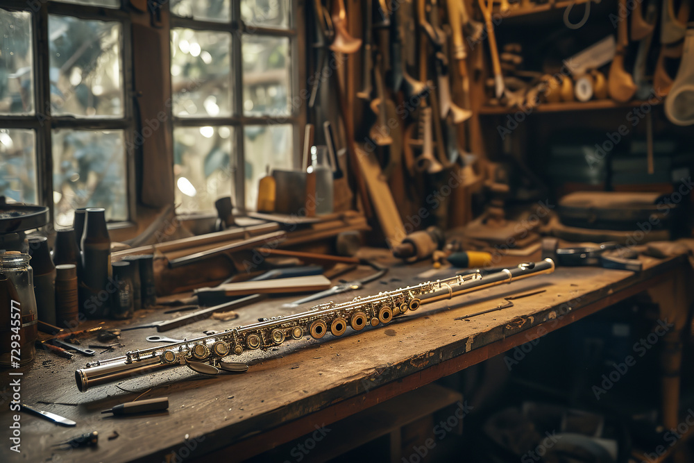 Flute repair and restoration workshop, providing a deep dive into the intricate craftsmanship required for maintaining and restoring these delicate musical instruments, blending art and technical skil - obrazy, fototapety, plakaty 