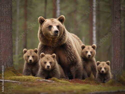 Female eurasian brown bear and her cubs in boreal forest. Generated with AI