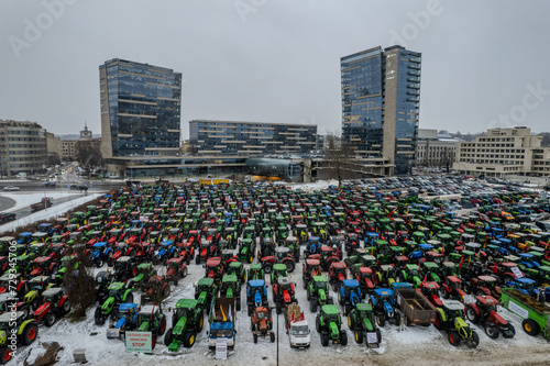 Aerial winter view of farmers protest in Vilnius, Lithuania