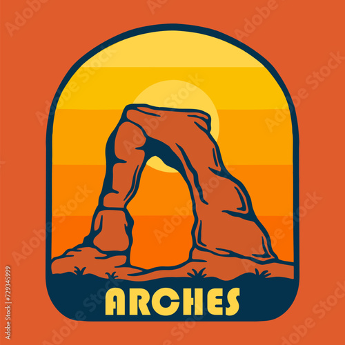 SUNSET ON ARCHES NATIONAL PARK BADGE LOGO DESIGN VECTOR ILLUSTRATION