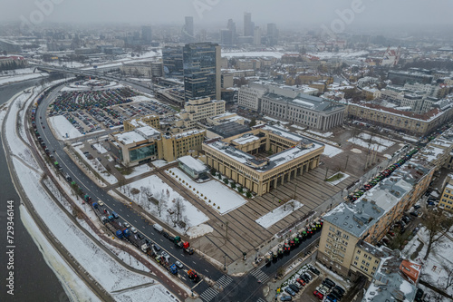 Aerial winter view of farmers protest in Vilnius  Lithuania