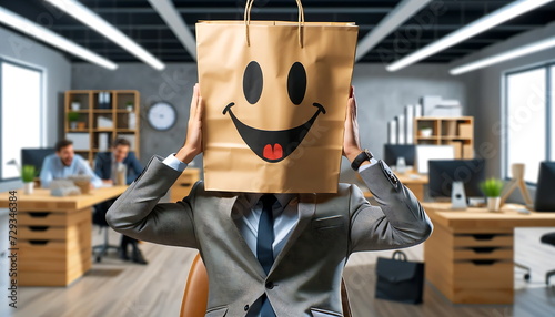 a man with a paper bag on his head with a picture of happy emotions