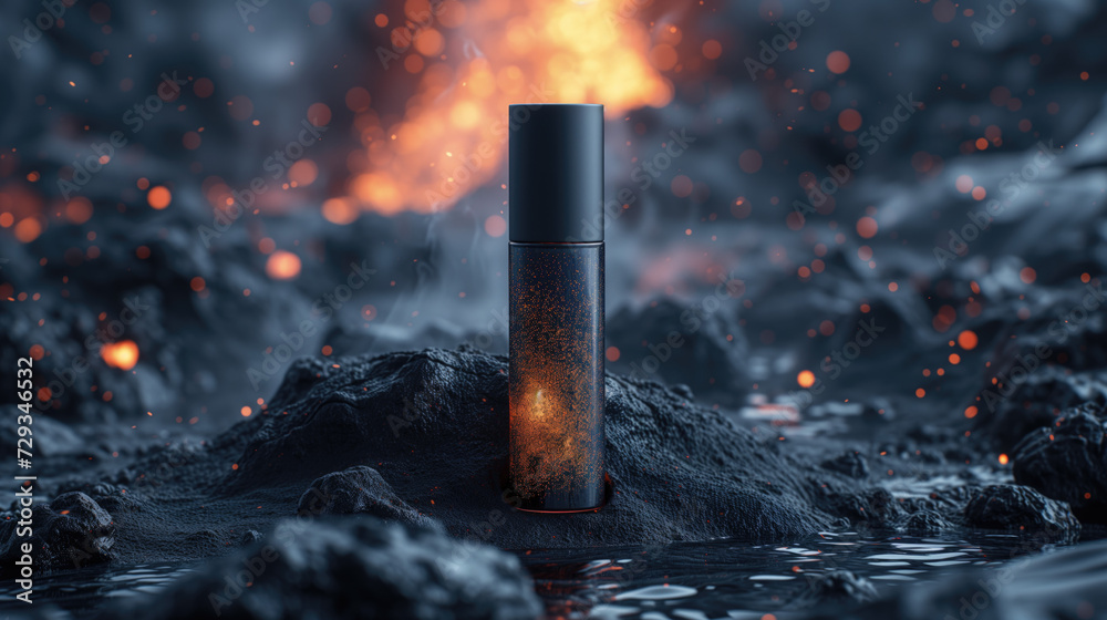 Blank serum or cosmetic set Packed, moder and elegant design. Golden and pitch-black tones in the middle of a rainstorm are lightning storms on the background. for product presentation  - obrazy, fototapety, plakaty 