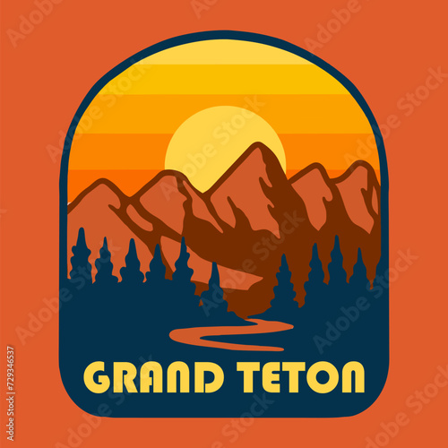 SUNSET ON GRAND TETON NATIONAL PARK BADGE LOGO DESIGN VECTOR ILLUSTRATION