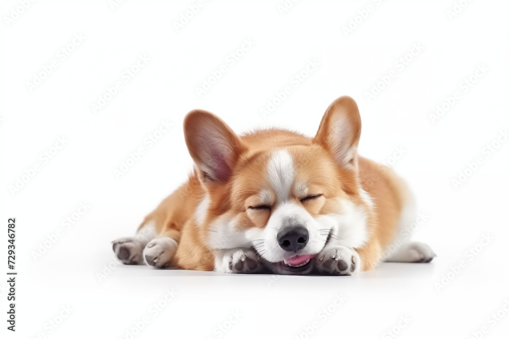 cute corgi fat dog and sleeping in front of white.Generative AI Illustration