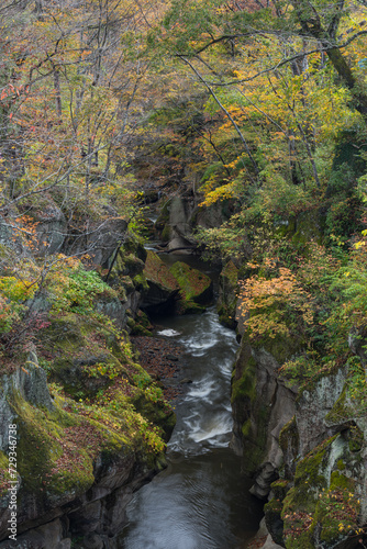 日本　宮城県仙台市太白区を流れる名取川と奇岩が並ぶ峡谷、磊々峡の紅葉