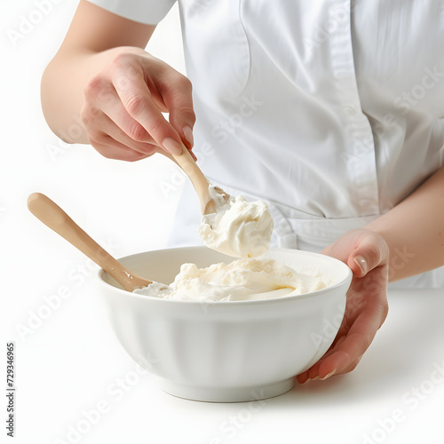 A person making homemade yogurt in the kitchen isolated on white background, simple style, png 