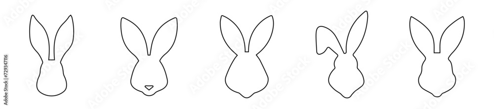 Set of rabbit heads in outline. Easter Bunnies. Isolated on a white background. A simple black icons of hares. Cute animals. Ideal for logo, emblem, pictogram, print, design element for greeting card