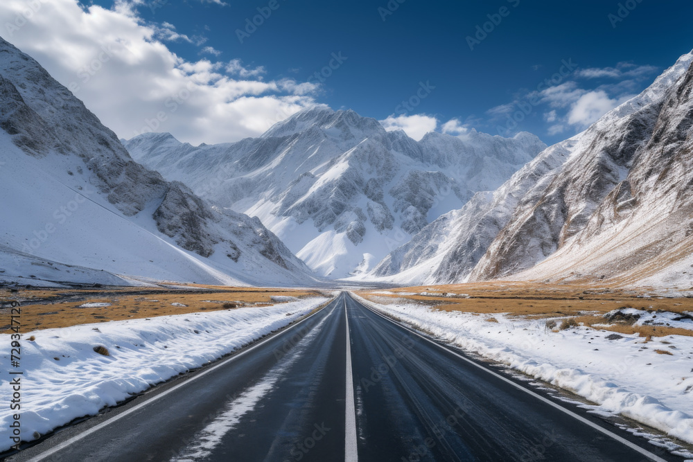A white road surrounded by snowy mountains and mountain ranges.