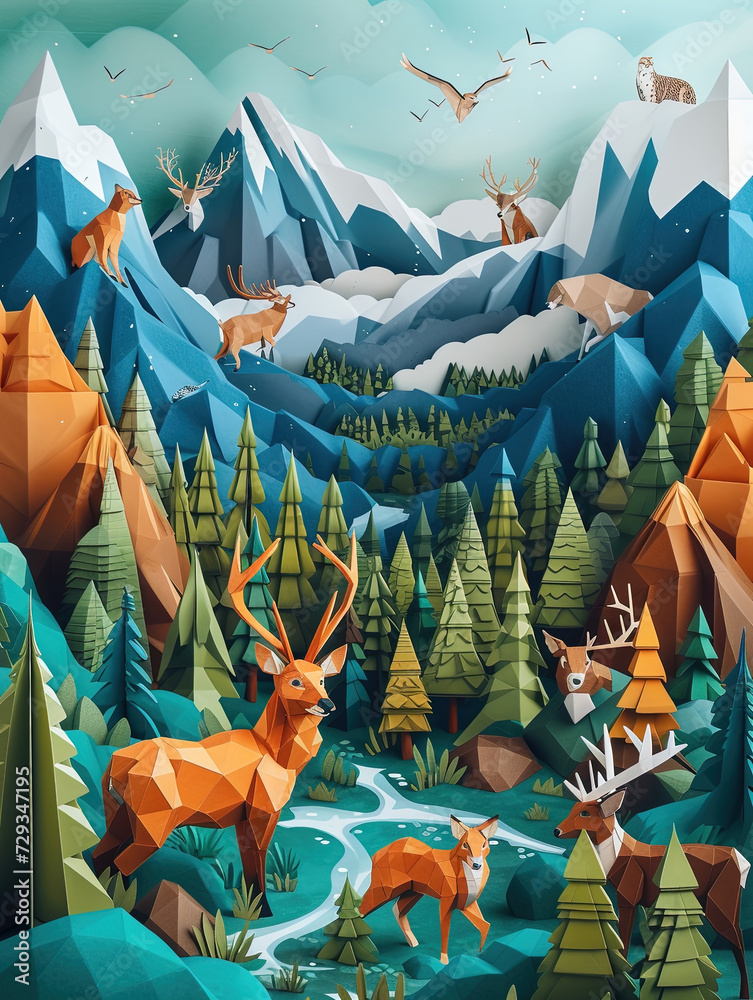 Naklejka premium mountain ranges ecosystem in origami wallpaper