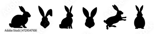 Set of Rabbit silhouettes. Easter bunnies. Isolated on white background. A simple black icons of hares. Cute animals. Ideal for logo, emblem, pictogram, print, design element for greeting card photo