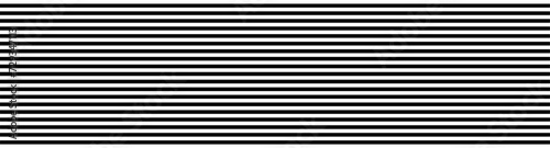 Black and white monochrome horizontal stripes pattern. Simple design for backdrop. Uniform lines in contrasting tones creating visual rhythm and balance. Optical illusion. Wide banner. Vector