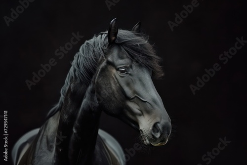 Black horse on dark background. Generative AI