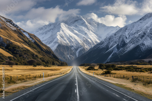  A road in new zealand with mountain ranges and valleys. © imlane