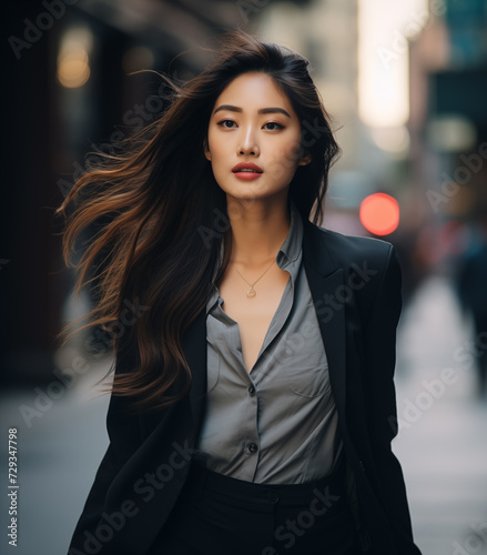 A young beautiful asian woman walking in the city street.
 photo