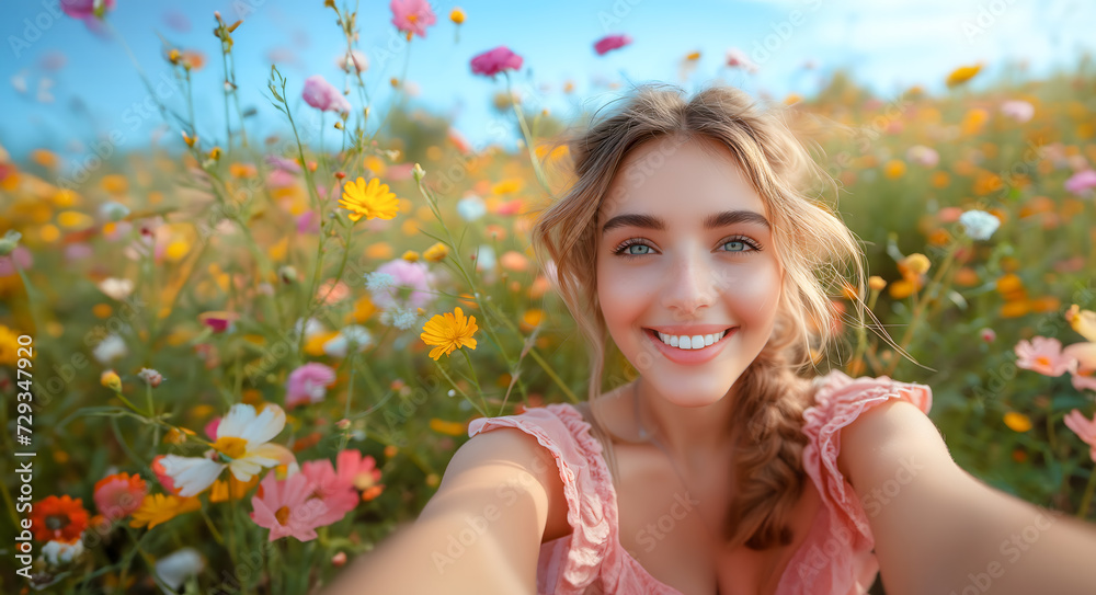 A girl in a pink dress tries to take a selfie with her hands on the camera while standing in a flower field.