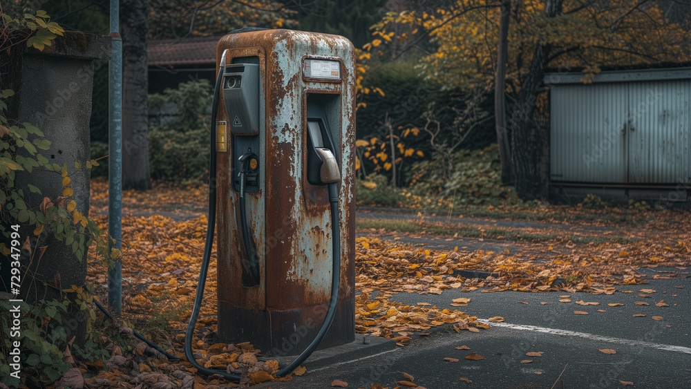 Rusty Relic: An Abandoned Electric Car Charger on a Lonely Road