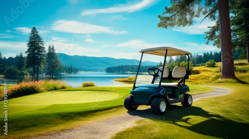 a golf cart driving down a road with palm trees in the background