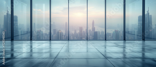 Panoramic view of empty square concrete floor on city skyline background with building and sunrise in the sky