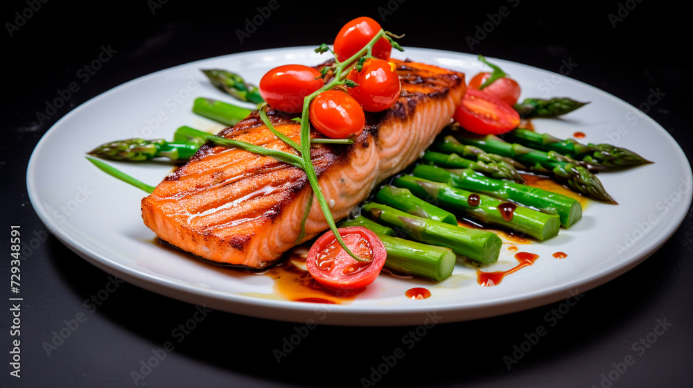 a plate of food with asparagus and tomatoes