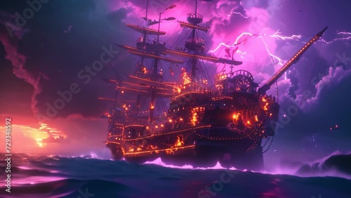 Ethereal Storm: Neon Pirateship Adventure. Generative ai photo