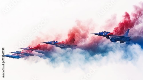 Aerial Parade: Colorful Flyover of Eight Military Planes. Generative ai