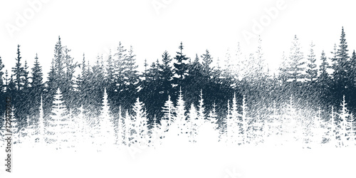 The forest in the fog, imitation of a pencil drawing, vector sketch, seamless border