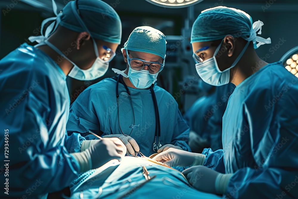 Dedicated Team of Surgeons Performing a Complex Surgery Under Bright Operating Lights, Capturing the Intensity and Focus Required in Medical Procedures