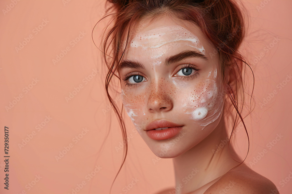 Young woman with a bun with soap facial cleaner on her face. Skincare beauty product commercial portrait concept on a pastel peach background.