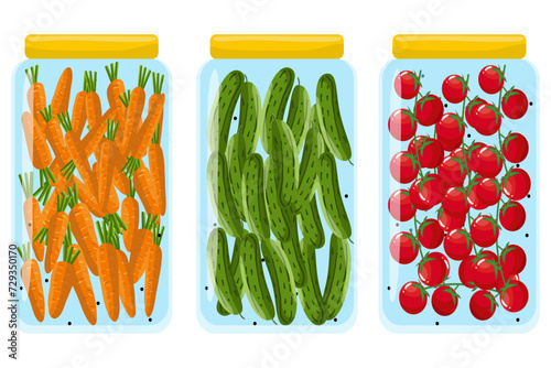 vector illustration with canned food, cans with tomatoes, cucumbers, carrots