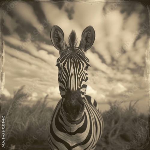 View of the head of a zebra animal seen from the front eating grass with a natural background of grassland, lighting from sunset and daylight, good for use for blogs, websites etc.