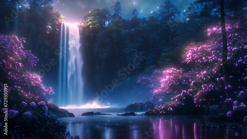 Majestic Waterfall amidst Luminous Floral Splendor. Generative ai photo