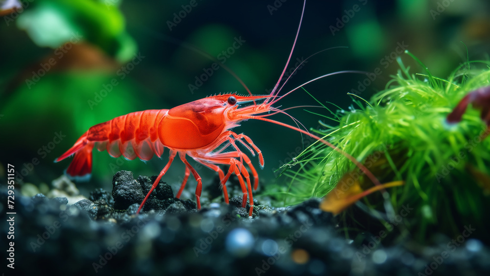 Aquarium Elegance: A Crystal Red Shrimp Amidst the Bubbles Aquarium Elegance: A Crystal Red Shrimp Amidst the Bubbles