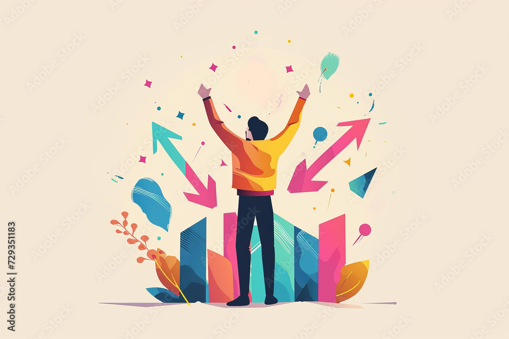 Happy and powerful man standing with raised hands up and rising up arrow. Happy and powerful man standing with raised hands up and rising up arrow.
